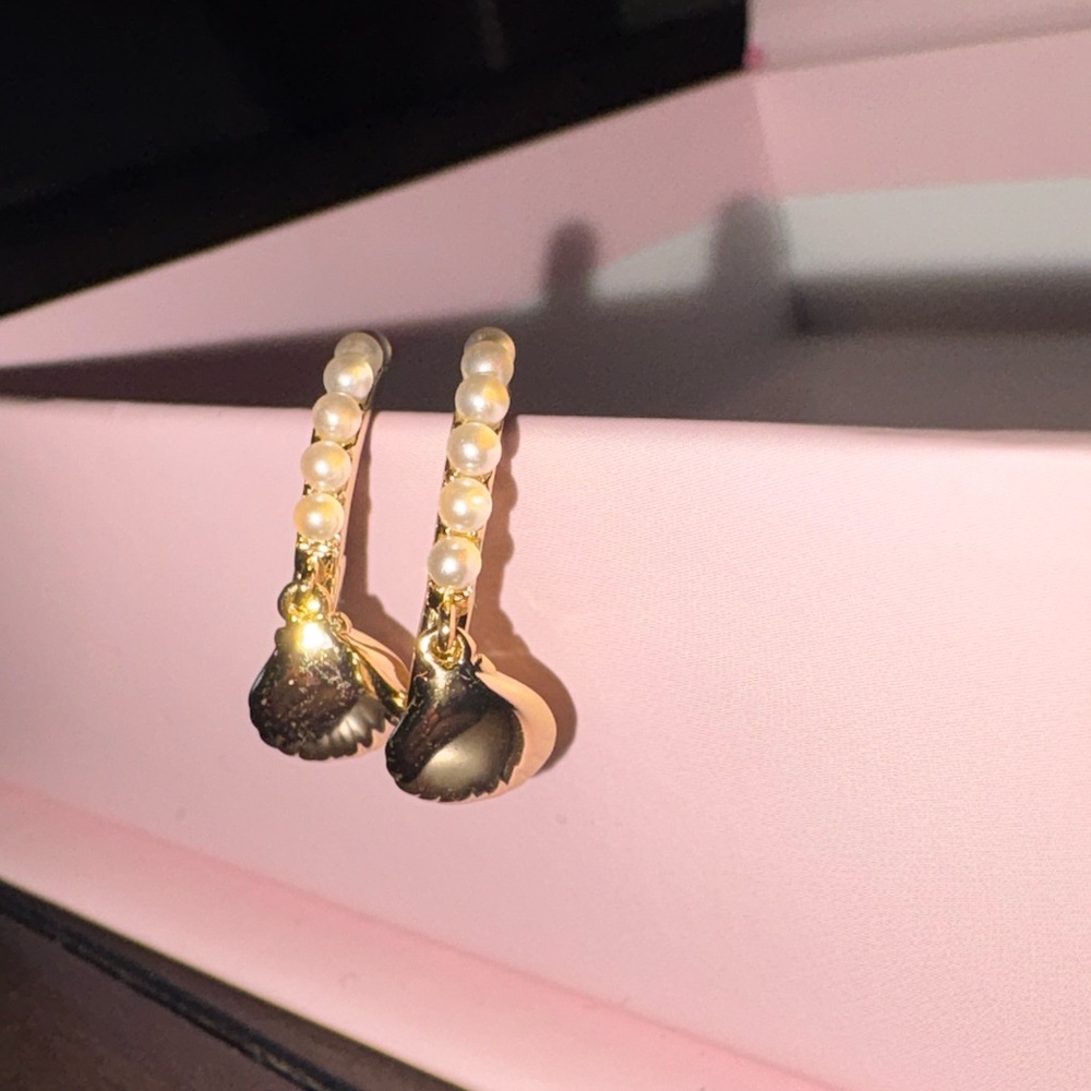 Electric Picks x Krista Horton - Gold Pearl Hoop Earrings/Huggies w/ Shell Charm